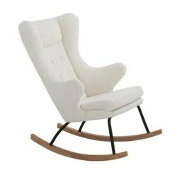 Saltoro Sherpi Cid 28 Inch Rocking Chair, White Sherpa Fabric, Black Metal And Wood Base-