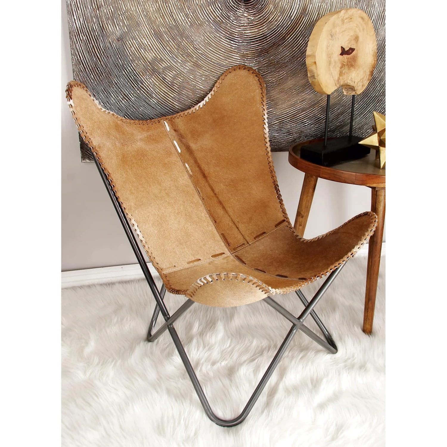 36" Brown Cow Hide Leather & Iron Rustic Accent Chair - Image 9