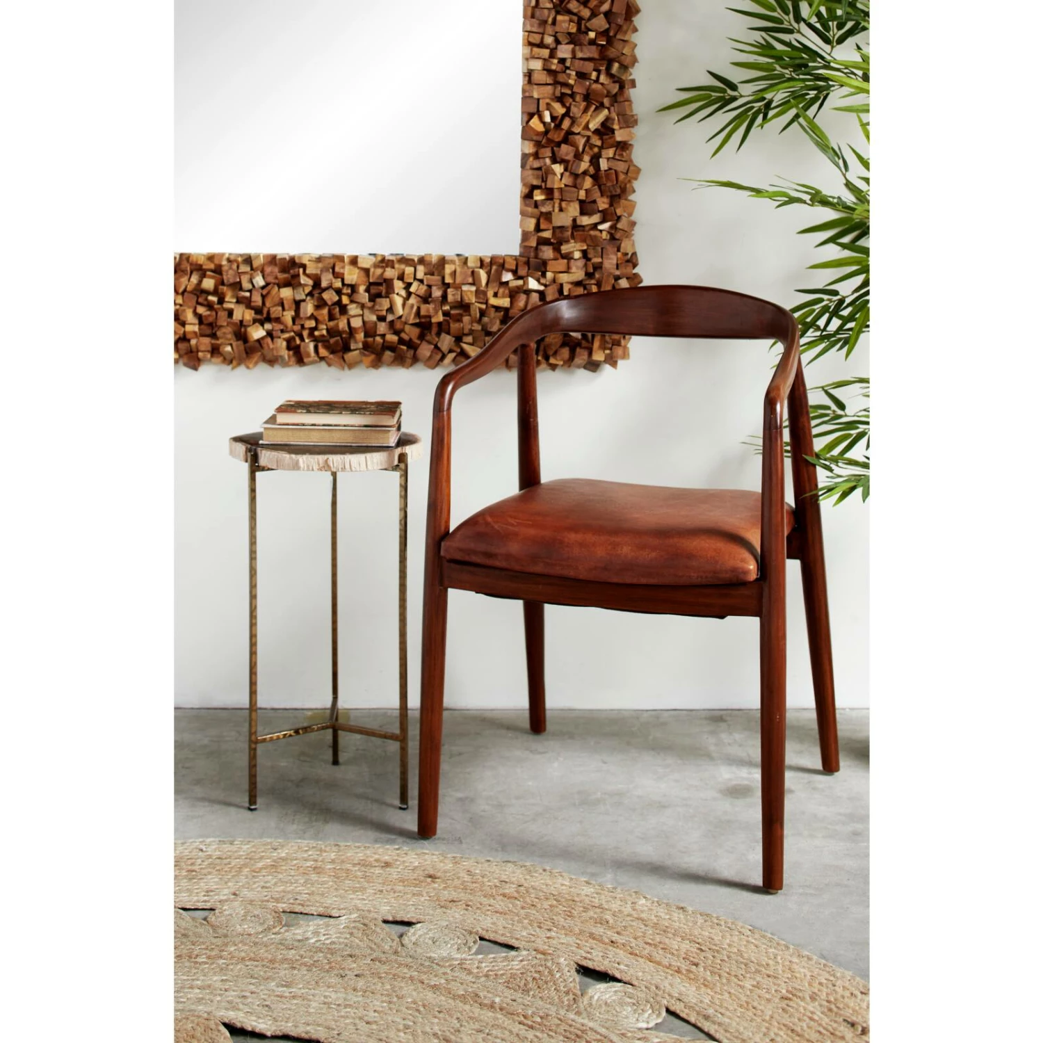 Brown Leather & Teak Contemporary Dining Chair - Image 2