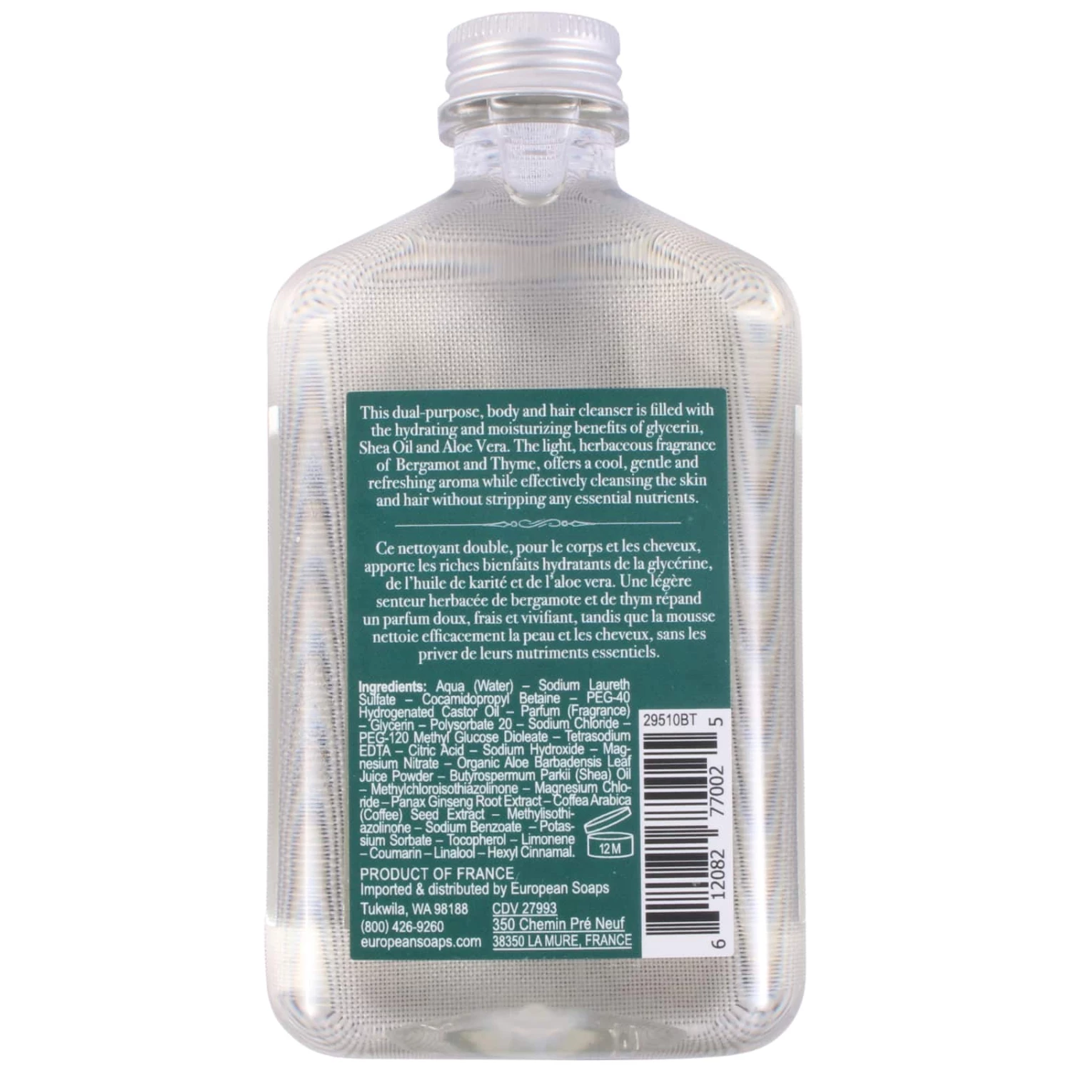 European Soaps Bergamot & Thyme Hair & Body Wash, 250mL - Image 3