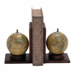8" Rustic Brown Wood Globe Bookends